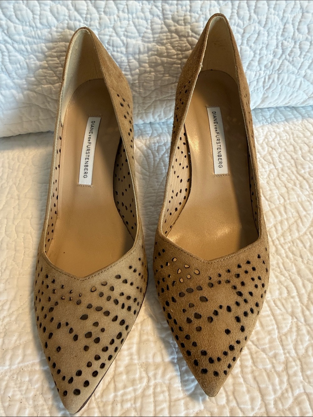 Diane Von Furstenberg Tan Suede Pointed Toe Perforated Pumps